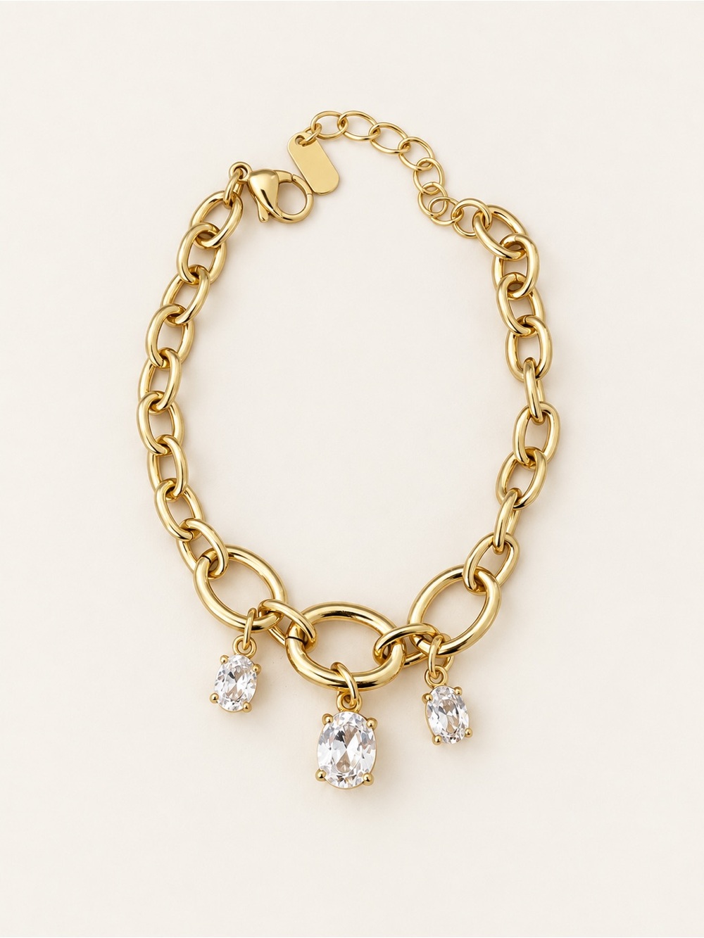 14K Gold Plated Oval Crystal Charm Chunky Link Chain Bracelet Adjustable